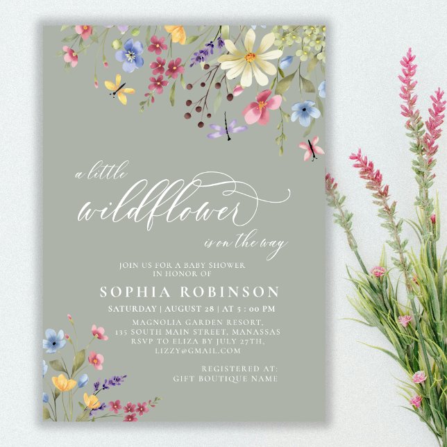Boho Little Wildflower Script Green Baby Shower Invitation (Creator Uploaded)