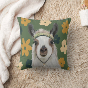 Boho Llama Green Retro Flowers Cushion