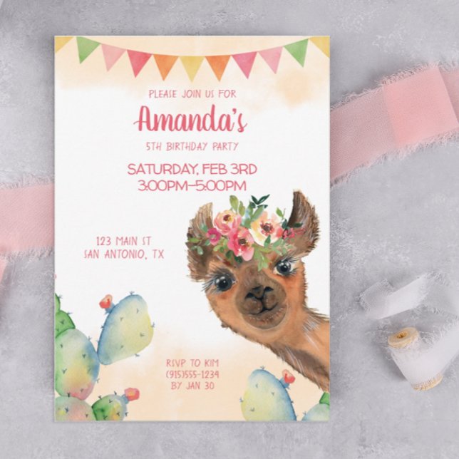 Boho Llama  Invitation (A boho llama birthday party invitation)