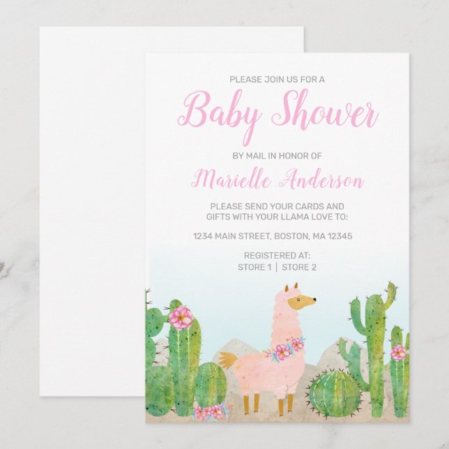 Boho Llama Pink Watercolor Baby Shower by Mail Invitation (Front/Back)