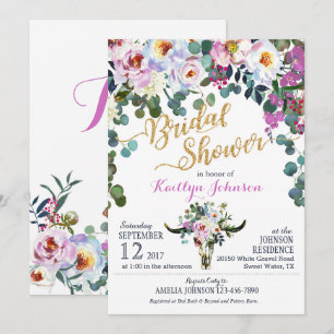 Boho Longhorn Cow Skull Floral Bridal Shower Invitation