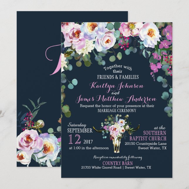Boho Longhorn Cow Skull Floral Wedding Invitation (Front/Back)
