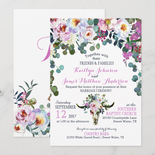 Boho Longhorn Cow Skull Floral Wedding Invitation (Front/Back)