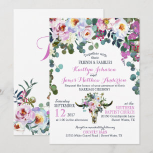 Boho Longhorn Cow Skull Floral Wedding Invitation