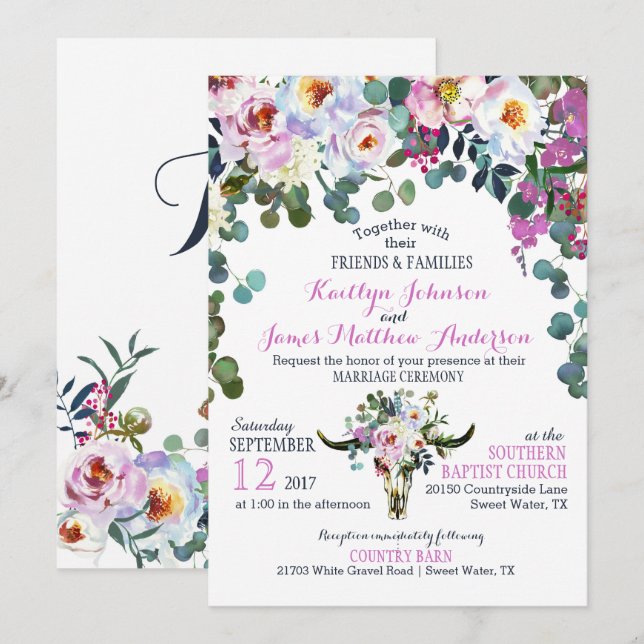Boho Longhorn Cow Skull Floral Wedding Invitation (Front/Back)