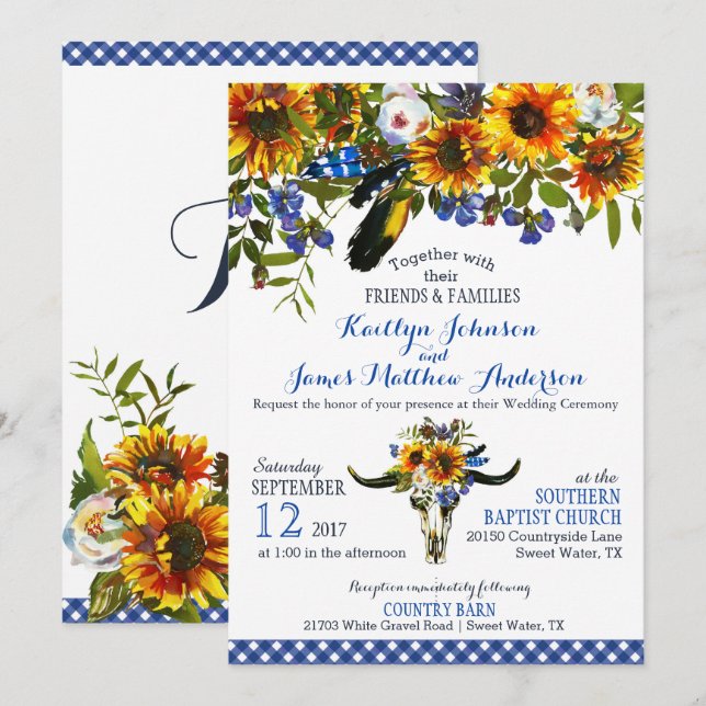 Boho Longhorn Cow Skull Floral Wedding Invitation (Front/Back)