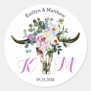 Boho Longhorn Skull Floral Modern Wedding Label