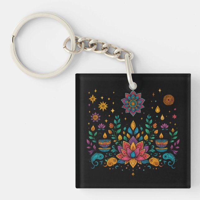 Boho Lotus Mind Meditation Art Key Ring (Front)