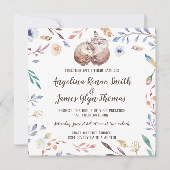 Boho Love Owls Wedding Invitation Floral (Front)