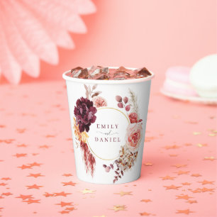 Boho Lush Pampas Grass Wedding Bridal Shower Paper Cups