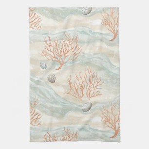 Boho Luxe Watercolor Coastal Coral Pattern (3) Tea Towel