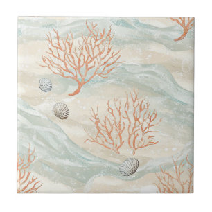 Boho Luxe Watercolor Coastal Coral Pattern (3) Tile