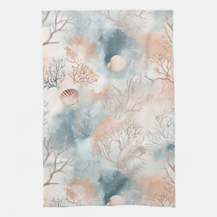 Boho Luxe Watercolor Coastal Coral Pattern (4) Tea Towel