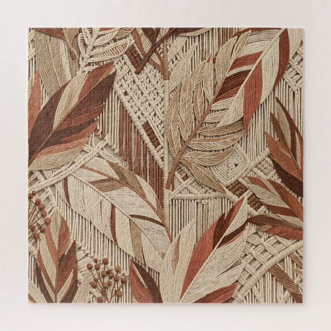 Boho Macrame Tropical Leaves Terracotta Beige Jigsaw Puzzle (Vertical)