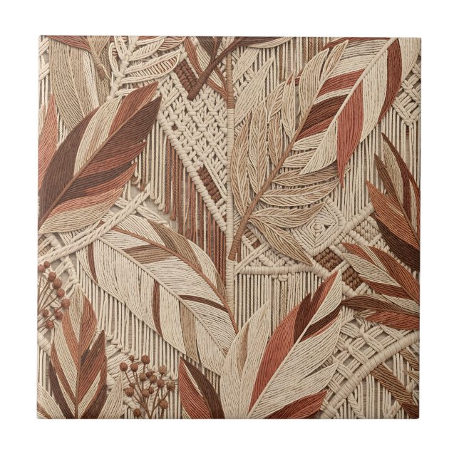 Boho Macrame Tropical Leaves Terracotta Beige Tile (Front)