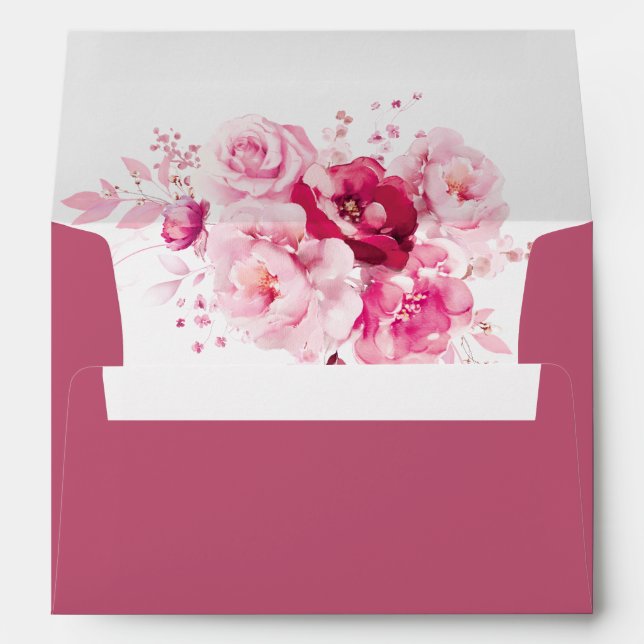 Boho Magenta Hot Pink Floral Elegant Wedding Envelope (Back (Bottom))