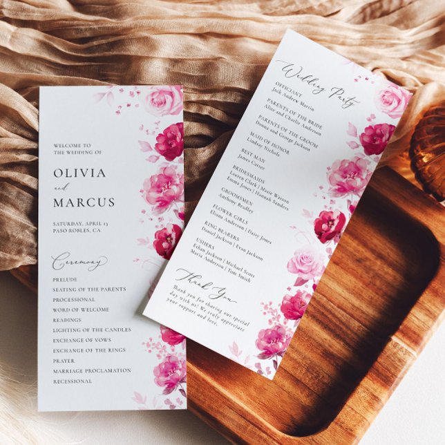 Boho Magenta Hot Pink Floral Elegant Wedding Programme (Creator Uploaded)