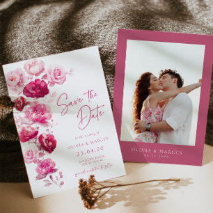 Boho Magenta Hot Pink Rose Floral Wedding Photo Save The Date
