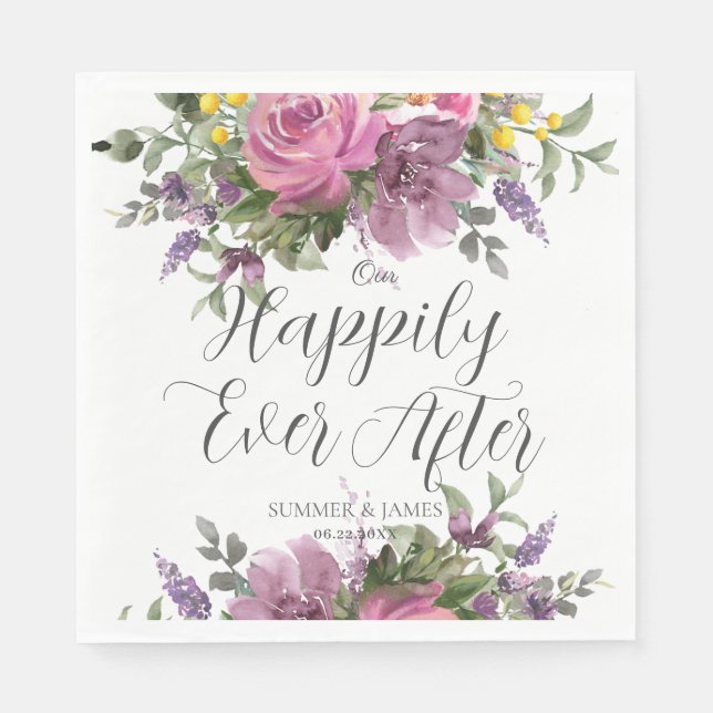 Boho Magenta Pink Purple Floral Wedding Ever After Napkin (Front)