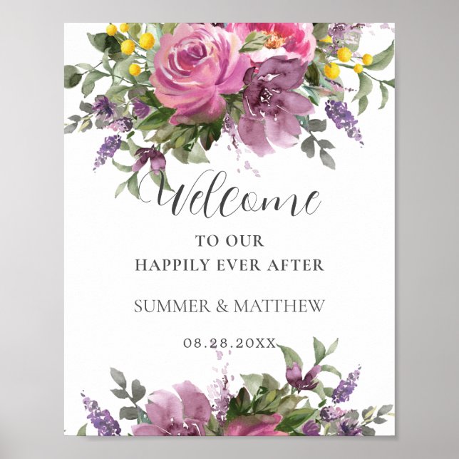 Boho Magenta Pink Purple Floral Wedding Welcome Poster (Front)
