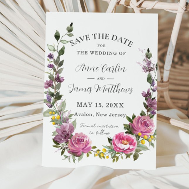 Boho Magenta Pink Purple Yellow Floral Wedding Save The Date (Creator Uploaded)