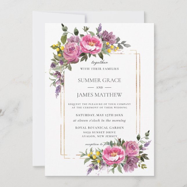 Boho Magenta Pink Purple Yellow Greenery Wedding Invitation (Front)