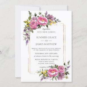 Boho Magenta Pink Purple Yellow Greenery Wedding Invitation