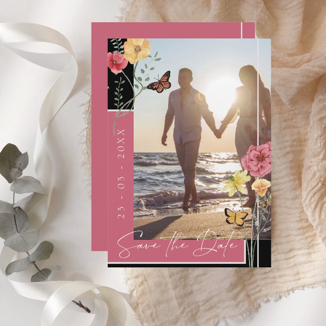 Boho Magenta Pink Wildflowers Photo Save the Date (Creator Uploaded)
