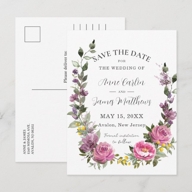 Boho Magenta Purple Floral Wedding Save the Date Announcement Postcard (Front/Back)