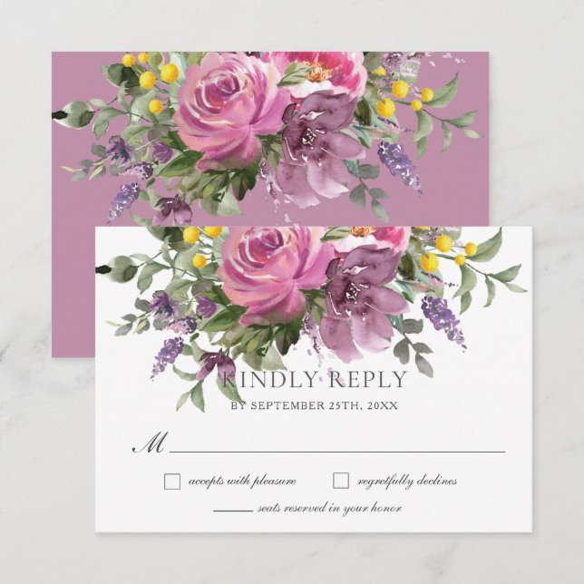 Boho Magenta Purple Pink Mauve Floral Wedding  RSVP Card (Front/Back)