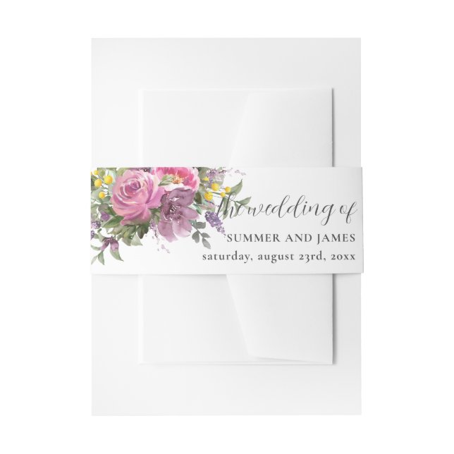 Boho Magenta Purple Pink Yellow Floral Wedding  Invitation Belly Band (Front Example)