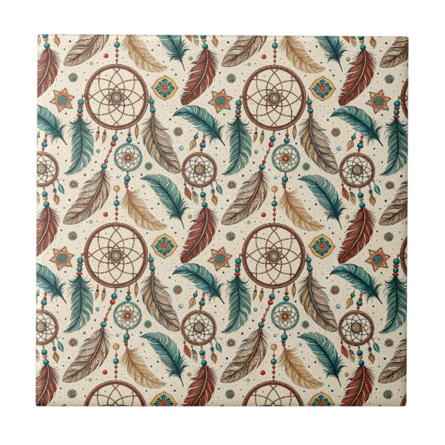Boho Magic Dreamcatcher Colourful Feather Pattern Tile (Front)
