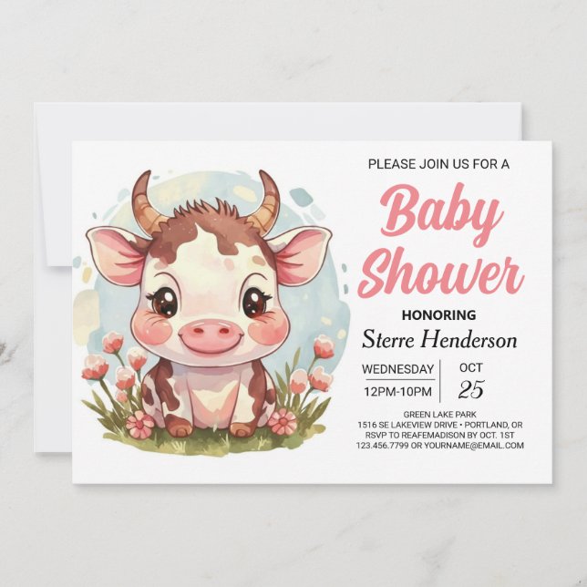 Boho Magical Watercolor Cow Baby Shower Invitation (Front)