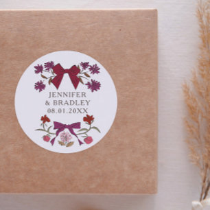 Boho Magneta Ribbons Floral Wedding Favour  Classic Round Sticker