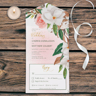Boho Magnolia Floral & Cotton Pink Dinner All In One Invitation