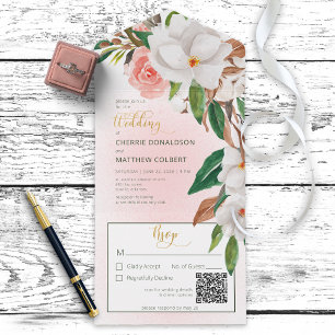 Boho Magnolia Floral & Cotton Pink QR Code All In One Invitation