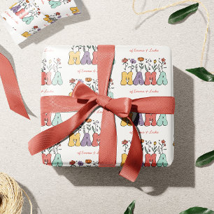 Boho Mama Text with Flowers and Kid Names Pattern Wrapping Paper