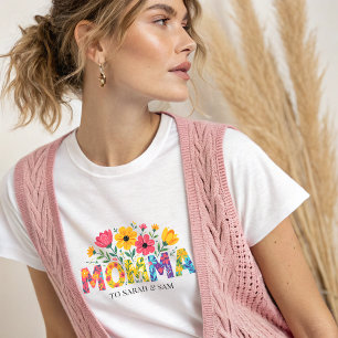 Boho Mama Text with Flowers and Kid Names T-Shirt