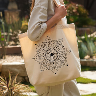 Boho Mandala Black Line Art Large Tote Bag