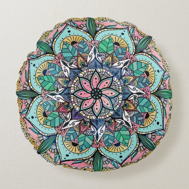 Boho Mandala Colourful Watercolor Floral Round Cushion (Front)