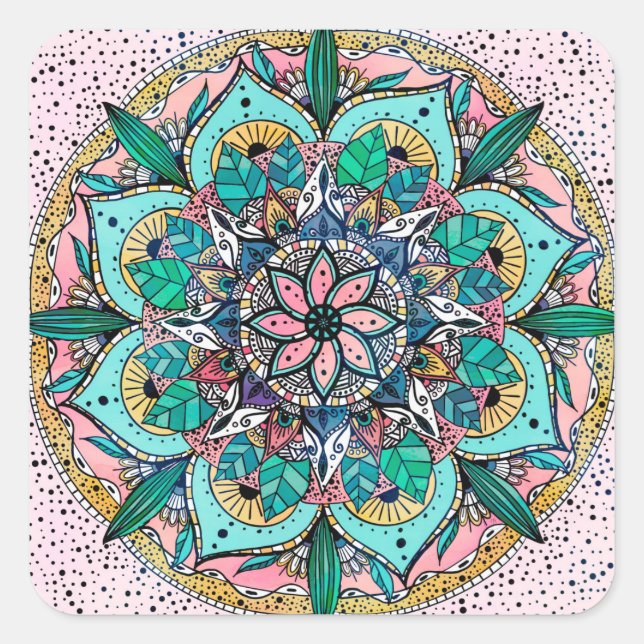 Boho Mandala Colourful Watercolor Floral Square Sticker (Front)