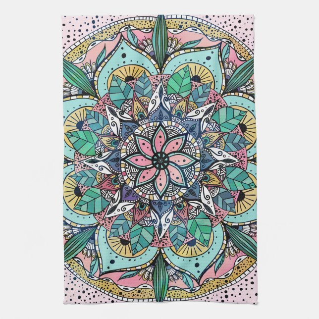 Boho Mandala Colourful Watercolor Floral Tea Towel (Vertical)
