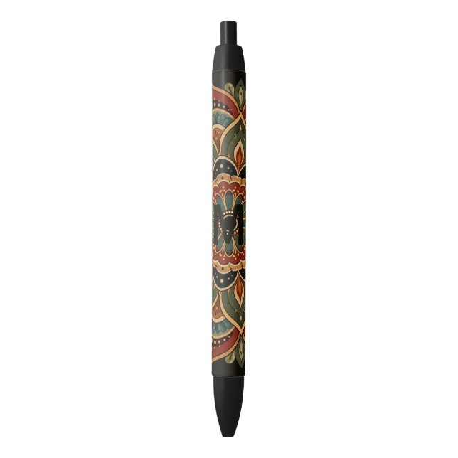 Boho Mandala Custom Initial Black Ink Pen (Front Vertical)
