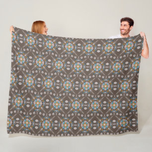 Boho Mandala Hand Drawn Blue Brown Colourful Fleece Blanket