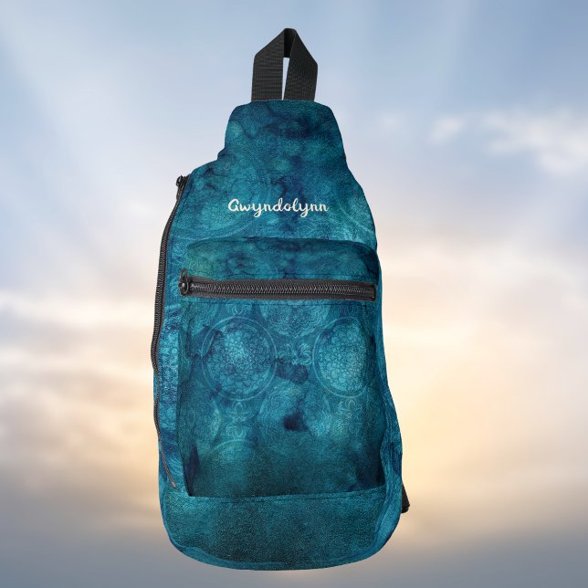 Boho Mandala Marled Teal Blue Green Monogram Sling Bag (Creator Uploaded)