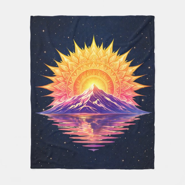 Boho Mandala Mountain Sunset | Cosmic Night Sky Fleece Blanket (Front)