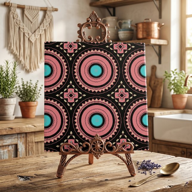 Boho Mandala Pink Turquoise Black Geometric Mosaic Tile (Creator Uploaded)
