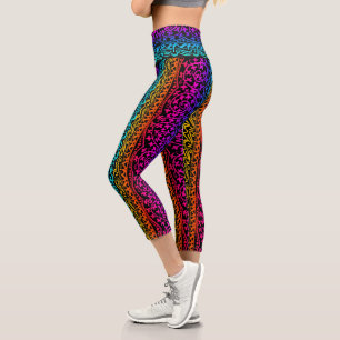 Boho Mandala Rainbow Flower & Leaf Capri Leggings