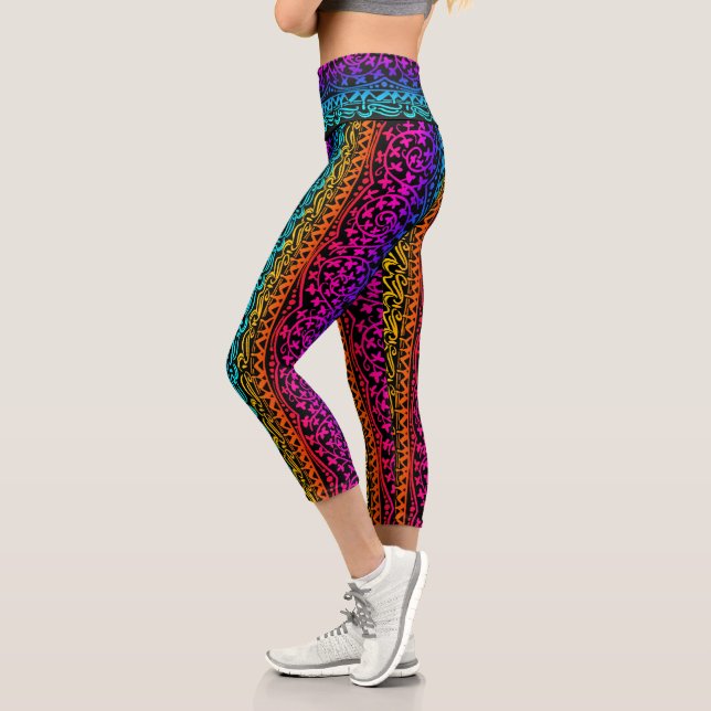 Boho Mandala Rainbow Flower & Leaf Capri Leggings (Left)