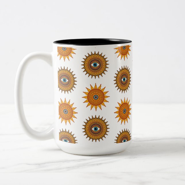 Boho Mandala Sun Third Eye - 90s Graphic Art Print Two-Tone Coffee Mug (Left)